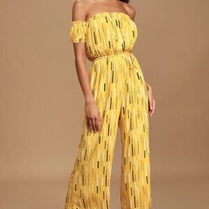 Lulu's Yellow Off-Shoulder Printed Wide-Leg Jumpsuit